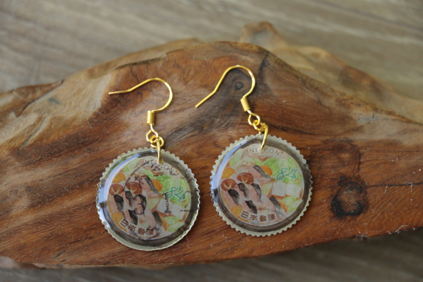 Asian Cuisine – Circle Japanese Postage Stamp Earrings