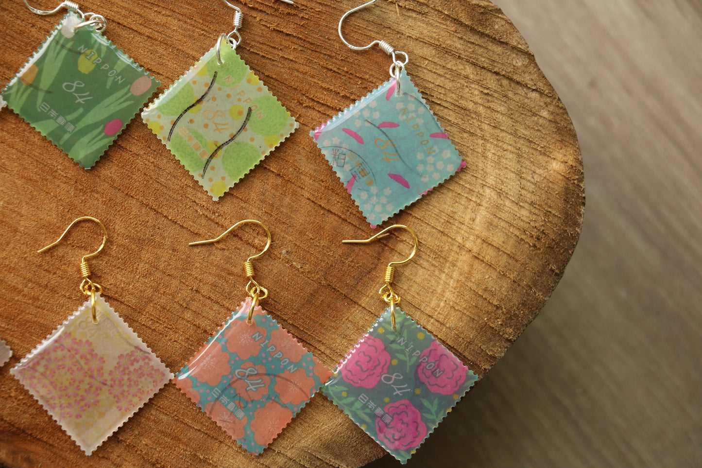 Japanese Flower Postage Stamp Earrings