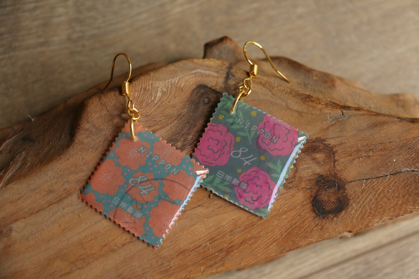 Japanese Flower Postage Stamp Earrings