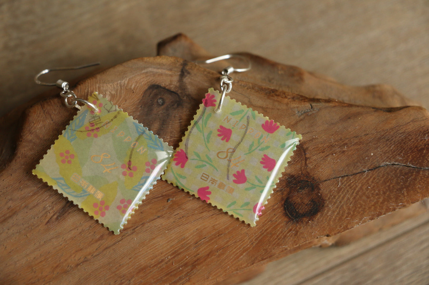 Japanese Flower Postage Stamp Earrings