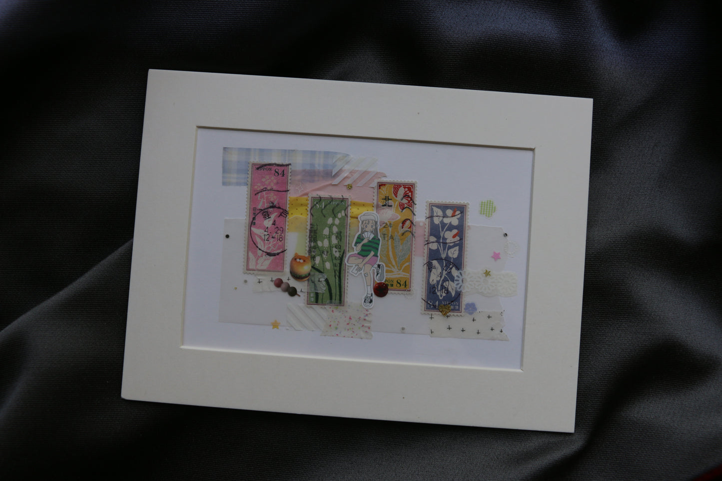 Japanese Floral Stamp Collage with Girl Illustration