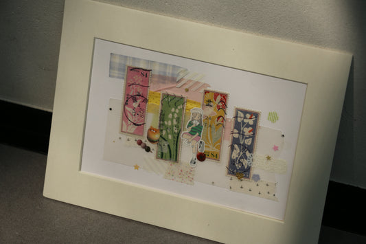 Japanese Floral Stamp Collage with Girl Illustration