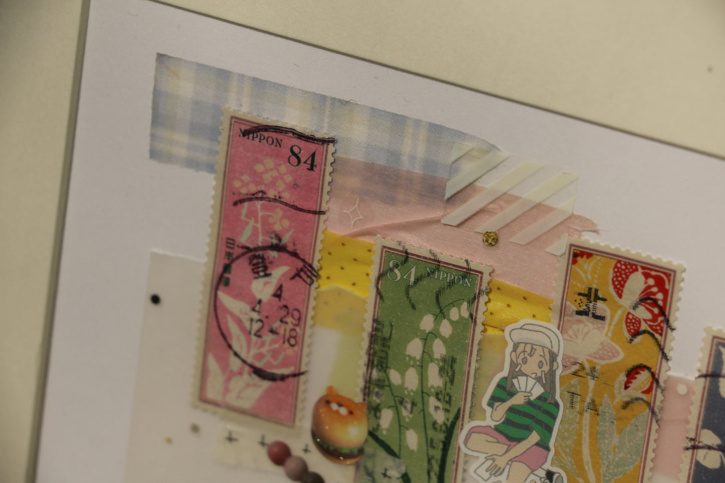 Japanese Floral Stamp Collage with Girl Illustration