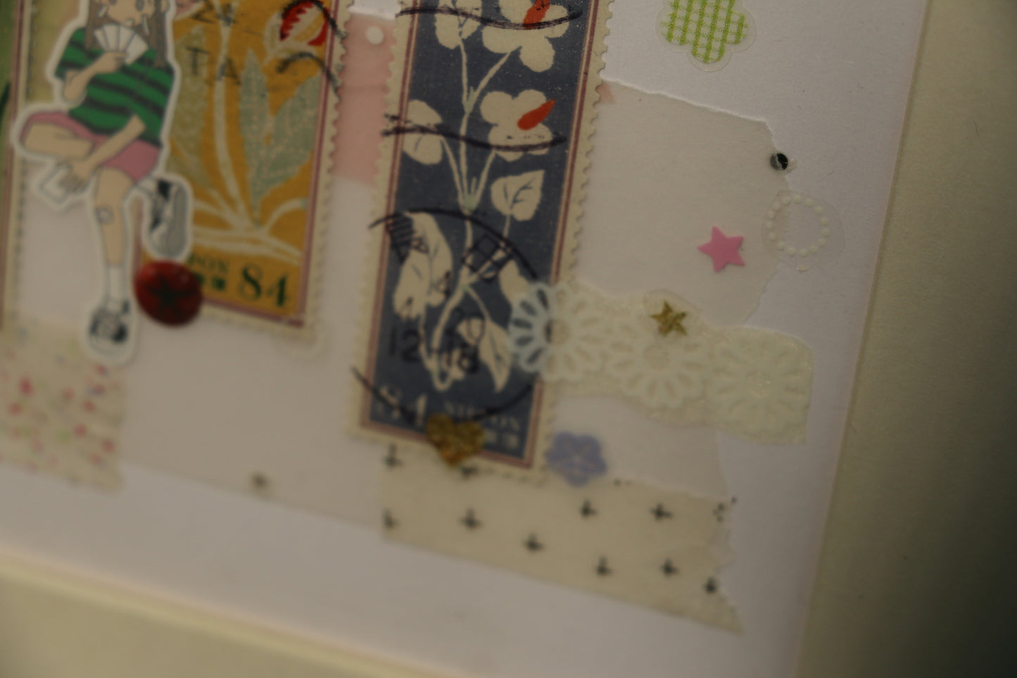 Japanese Floral Stamp Collage with Girl Illustration
