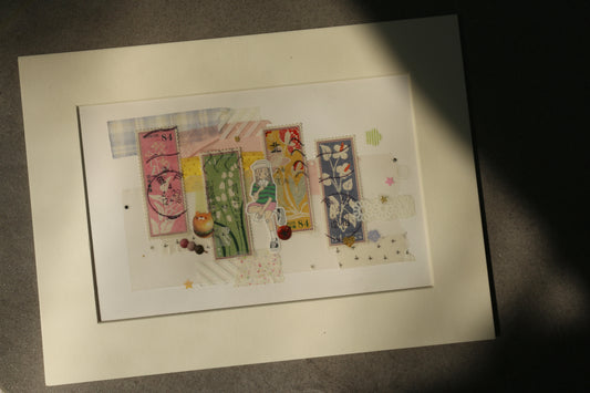 Japanese Floral Stamp Collage with Girl Illustration